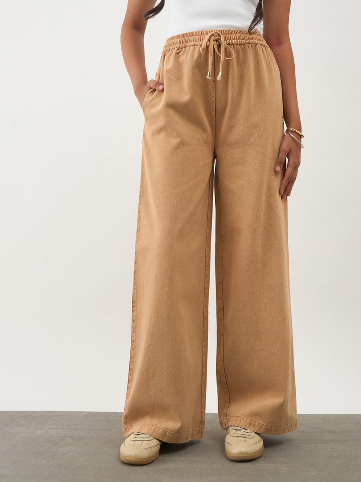 Girls Beige Twill Overdyed Elasticated Straight Pants