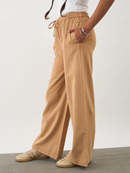 Girls Beige Twill Overdyed Elasticated Straight Pants