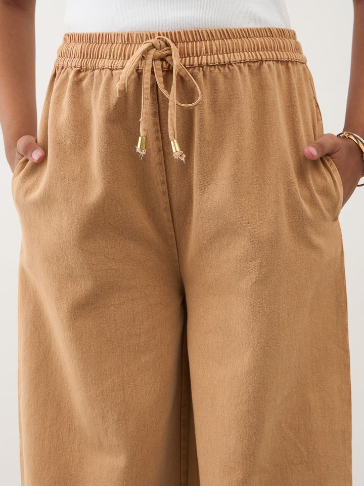 Girls Beige Twill Overdyed Elasticated Straight Pants