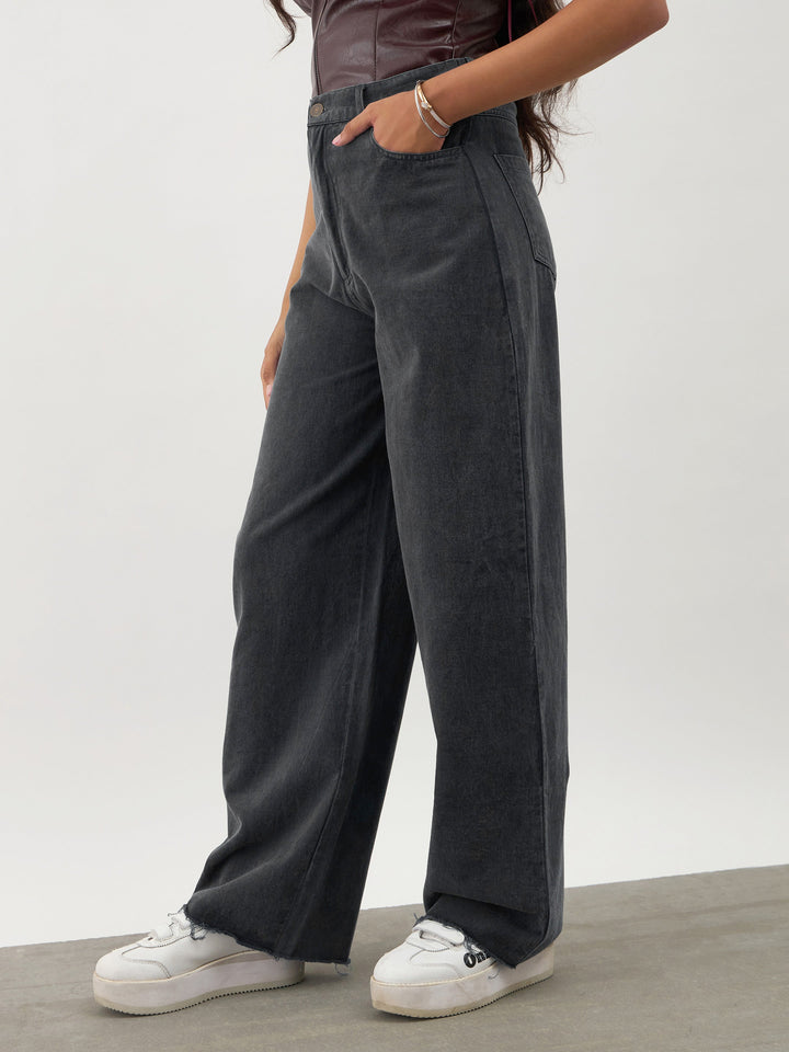Girls Black Twill Overdyed Straight Fit Pants
