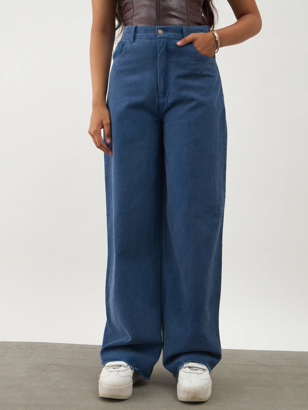 Girls Blue Twill Overdyed Straight Fit Pants