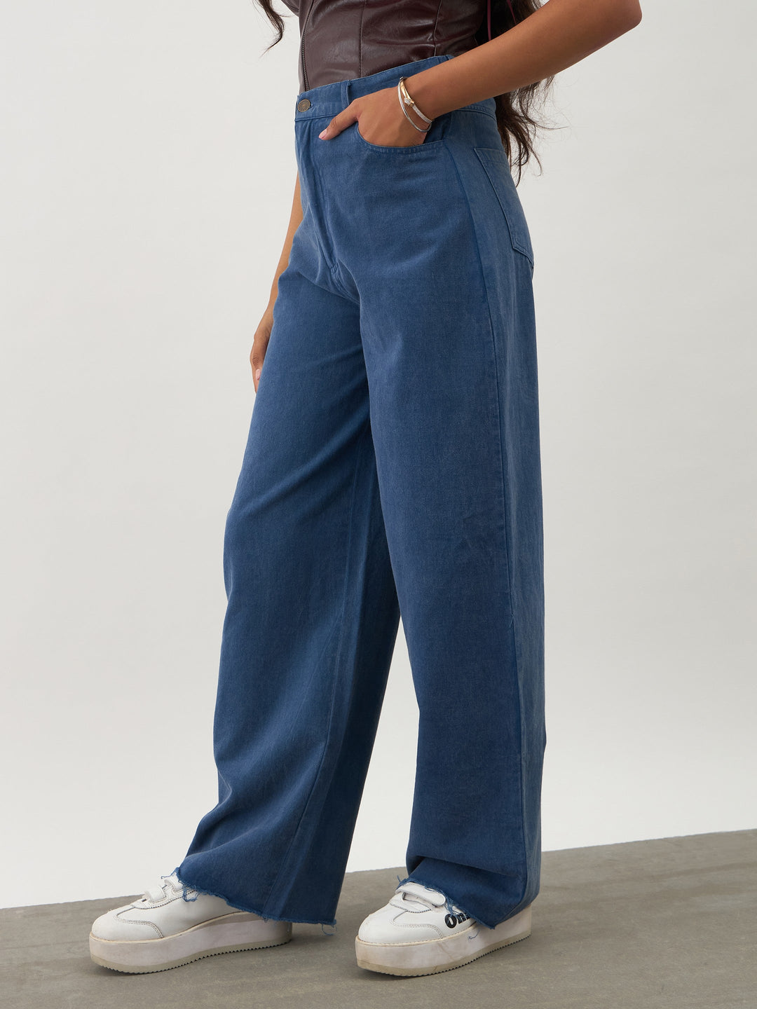 Girls Blue Twill Overdyed Straight Fit Pants