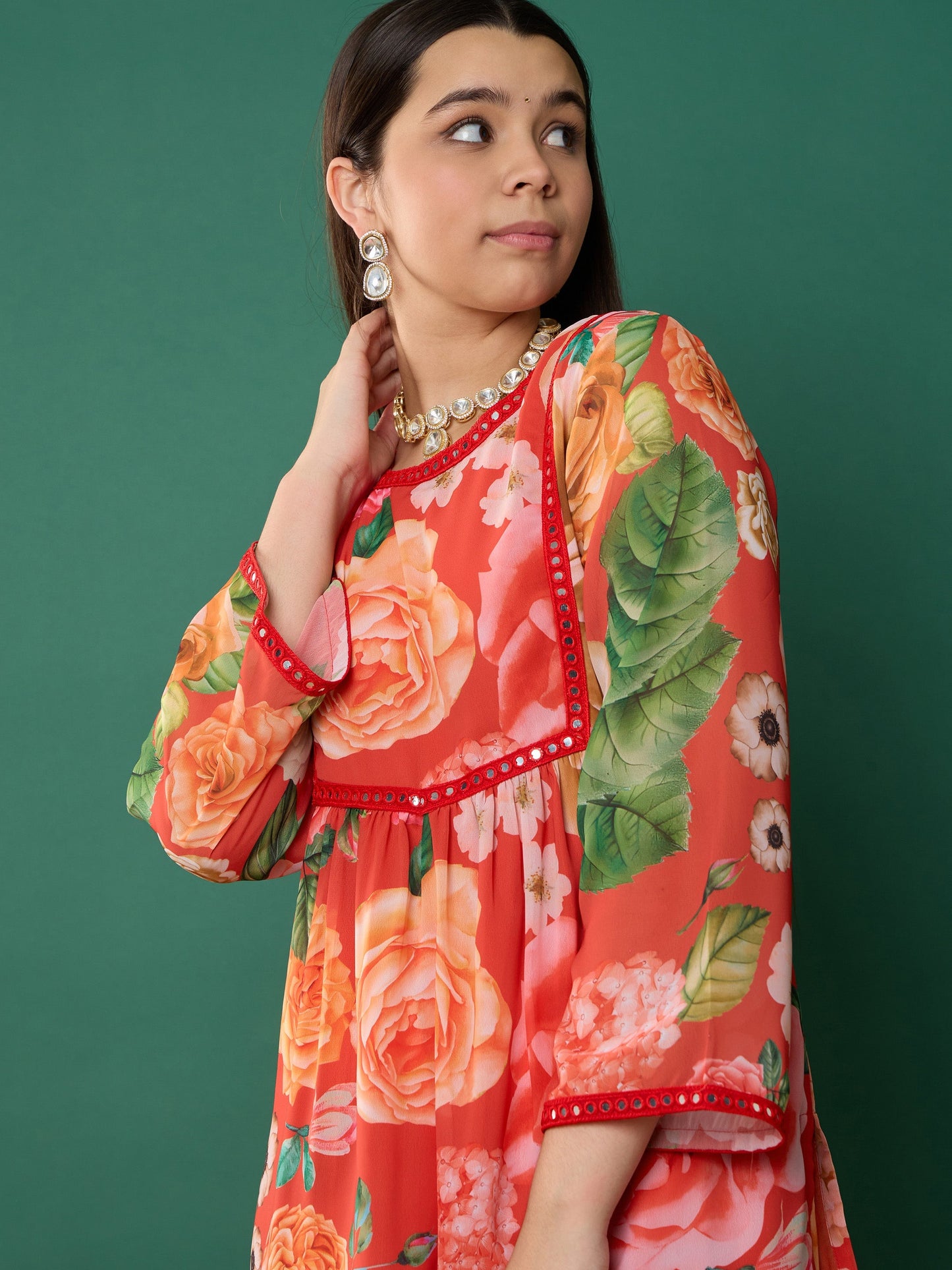 Girl Red Floral Short Kurta With Sharara Pants