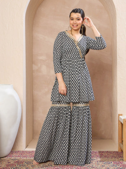 Girls Black Printed Peplum Top With Sharara Pants