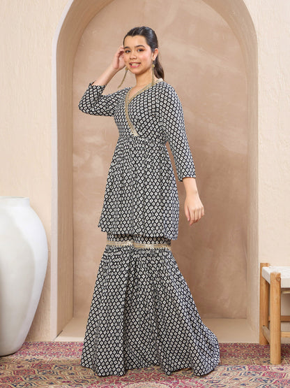 Girls Black Printed Peplum Top With Sharara Pants