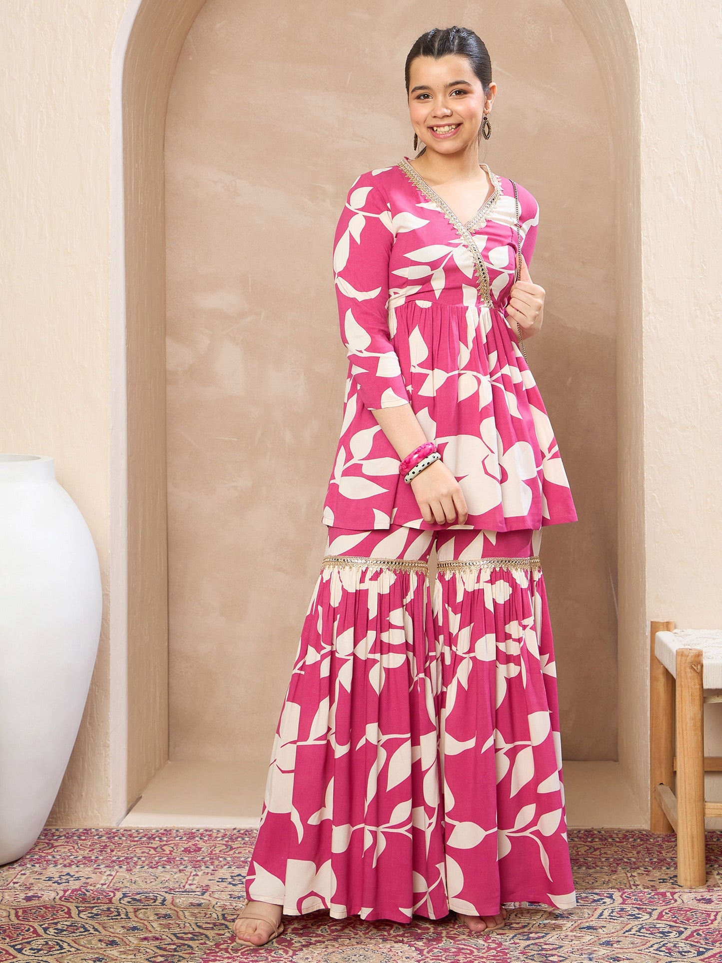 Girls Pink Floral Peplum Top With Sharara Pants