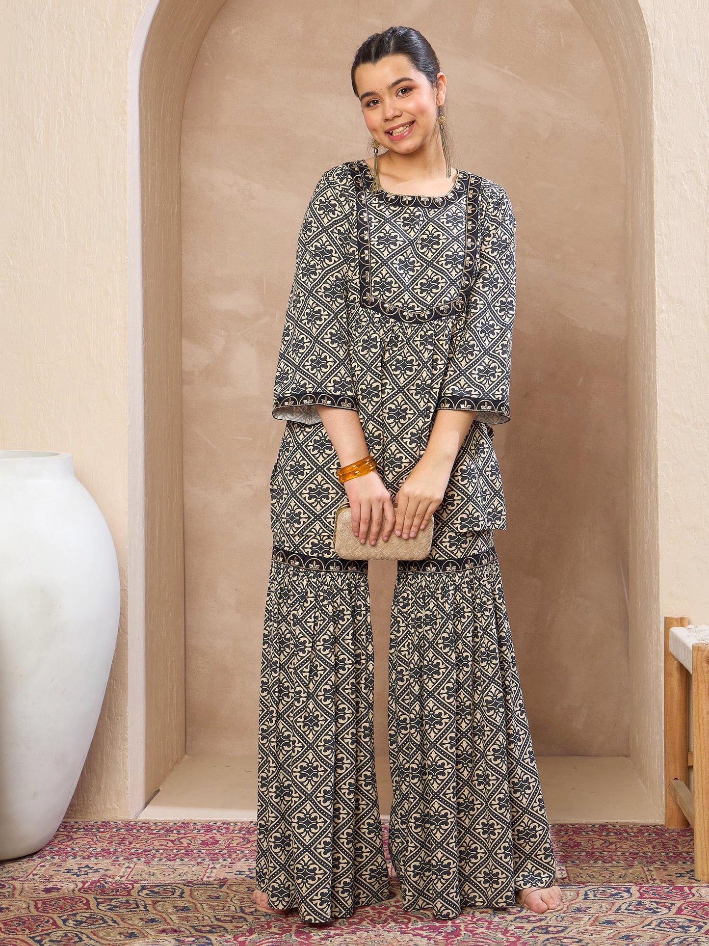 Girls Beige & Black Floral Lace Peplum Top With Sharara Pants