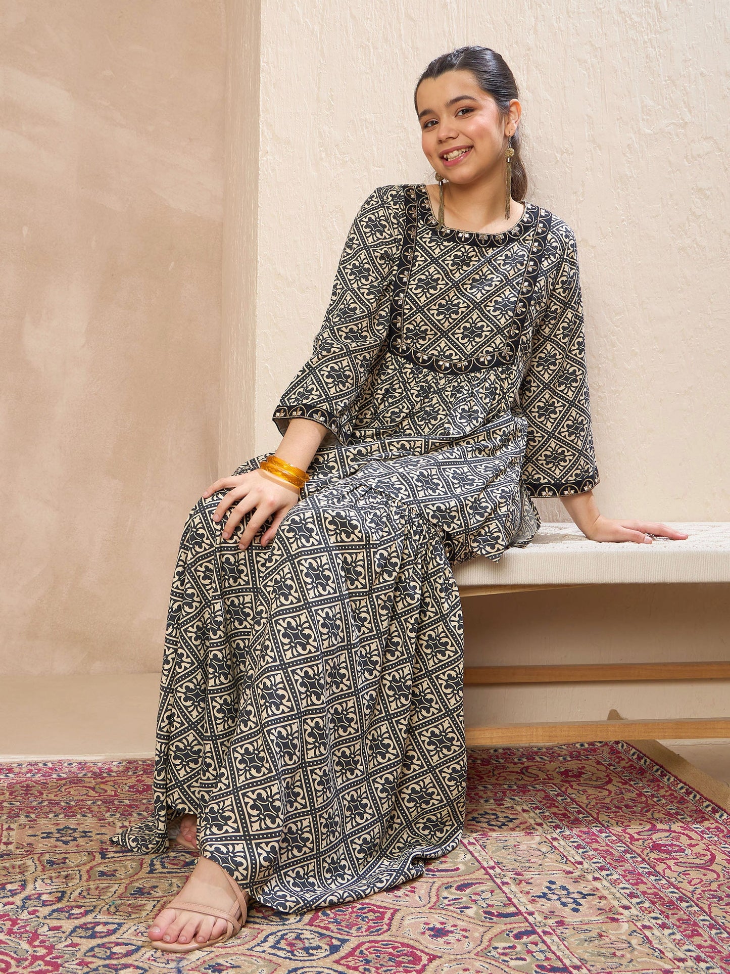 Girls Beige & Black Floral Lace Peplum Top With Sharara Pants