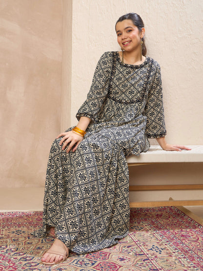Girls Beige & Black Floral Lace Peplum Top With Sharara Pants