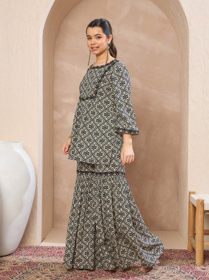 Girls Beige & Black Floral Lace Peplum Top With Sharara Pants