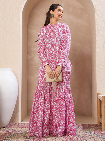 Girls Pink & White Floral Button Top With Sharara Pants