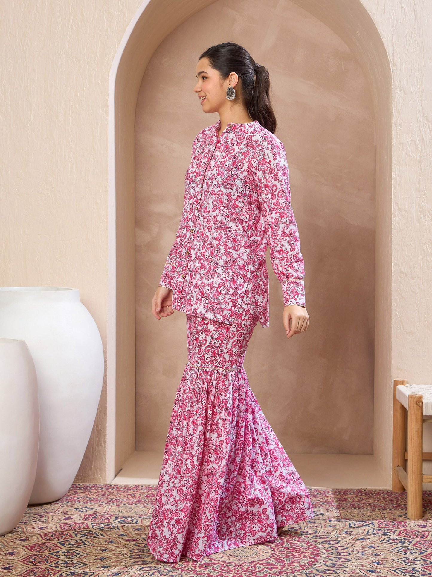 Girls Pink & White Floral Button Top With Sharara Pants