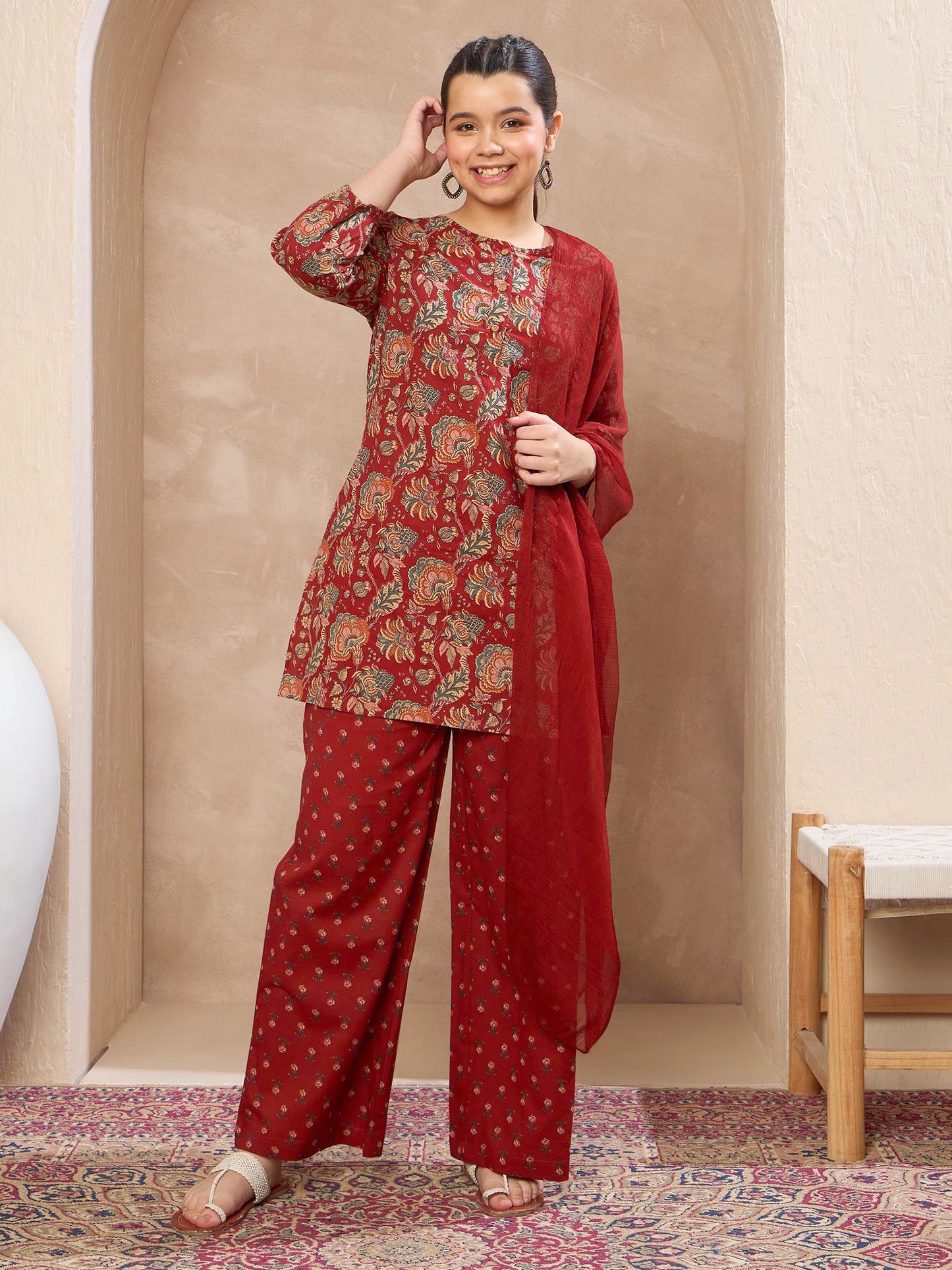 Girls Maroon Floral Kurta With Pants & Dupatta