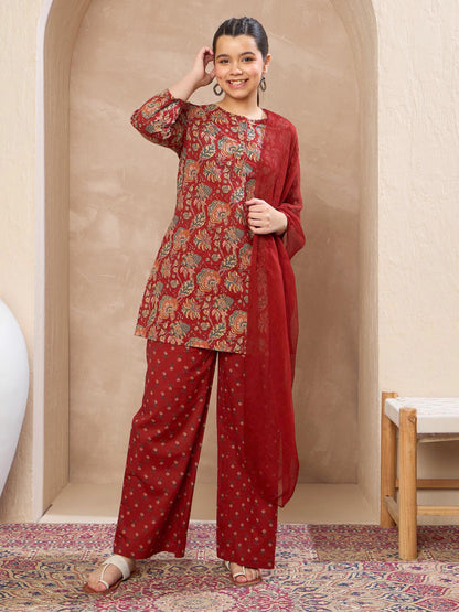 Girls Maroon Floral Kurta With Pants & Dupatta