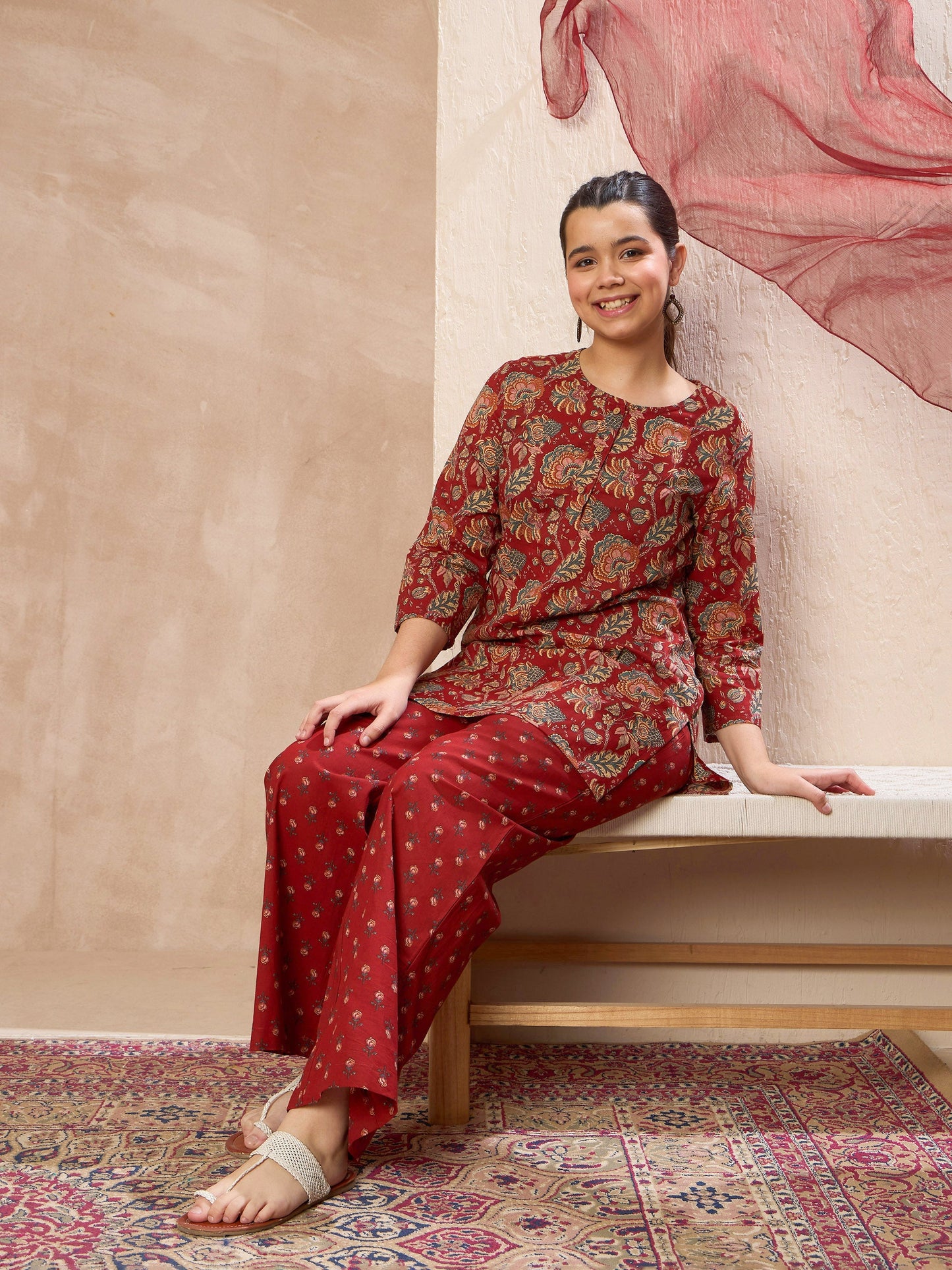 Girls Maroon Floral Kurta With Pants & Dupatta