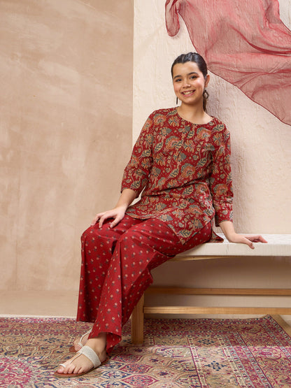 Girls Maroon Floral Kurta With Pants & Dupatta