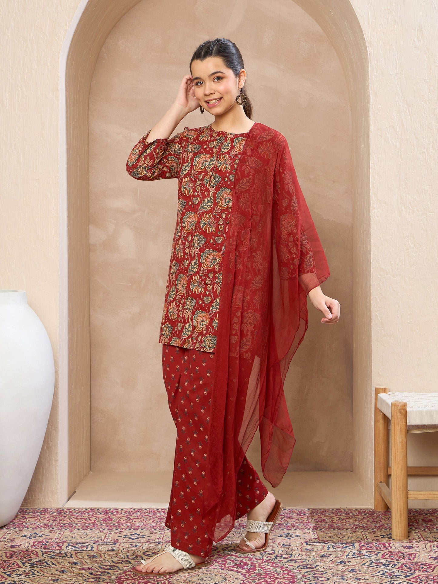 Girls Maroon Floral Kurta With Pants & Dupatta
