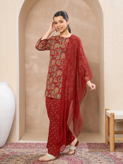 Girls Maroon Floral Kurta With Pants & Dupatta
