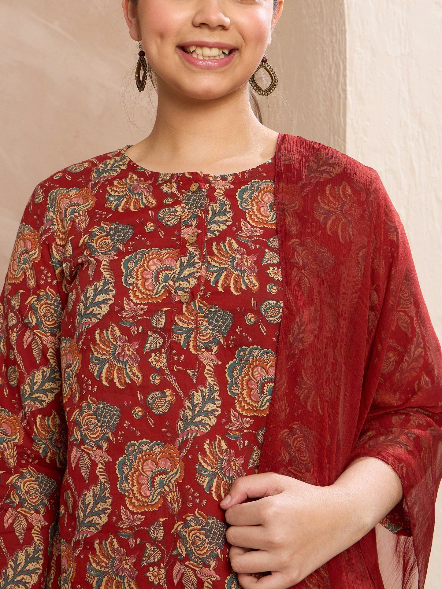 Girls Maroon Floral Kurta With Pants & Dupatta