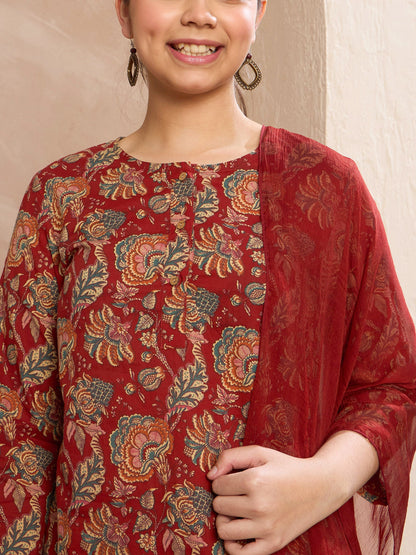 Girls Maroon Floral Kurta With Pants & Dupatta