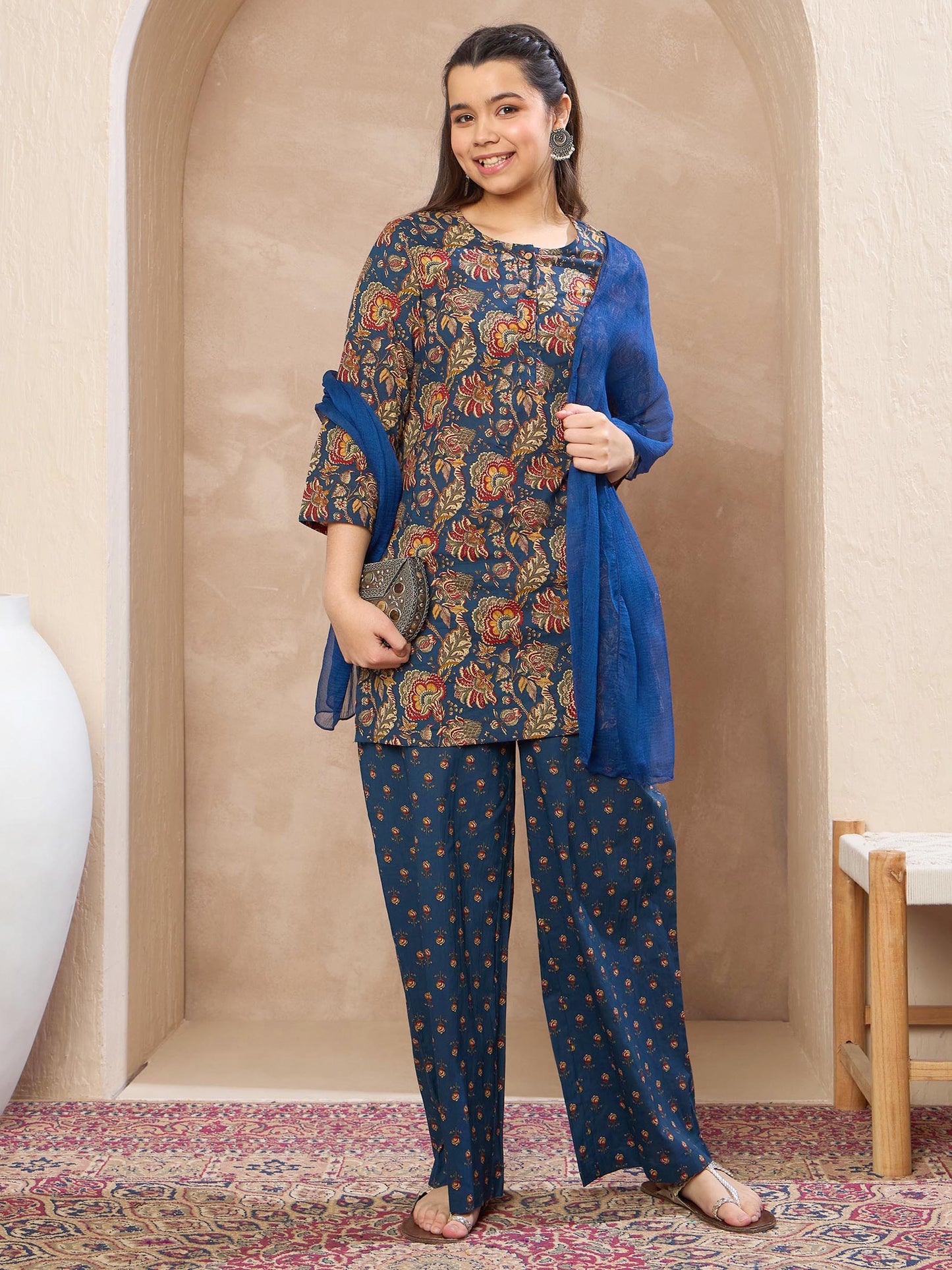 Girls Navy Floral Kurta With Pants & Dupatta