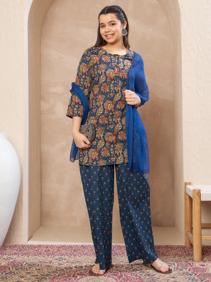Girls Navy Floral Kurta With Pants & Dupatta