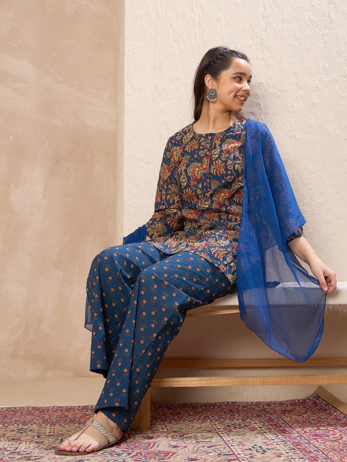 Girls Navy Floral Kurta With Pants & Dupatta