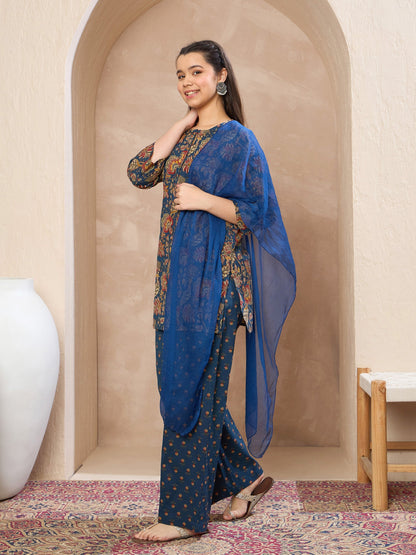Girls Navy Floral Kurta With Pants & Dupatta