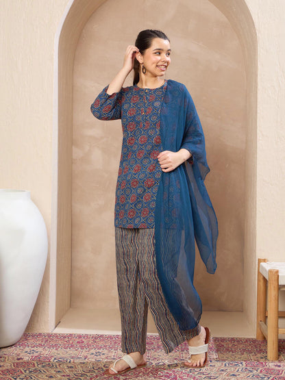 Girls Blue Floral Kurta With Pants & Dupatta