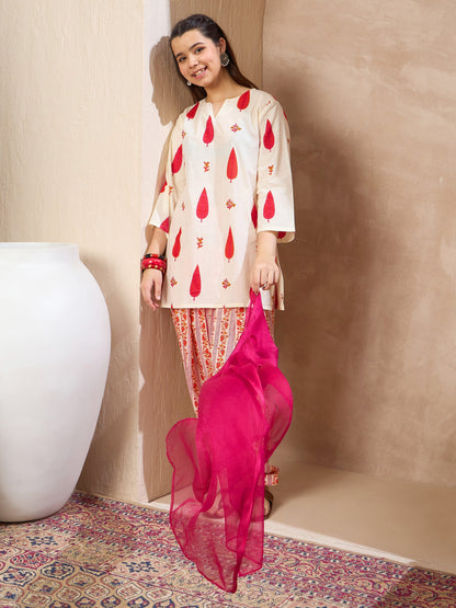 Girls White & Red Floral Short Kurta With Salwar & Dupatta
