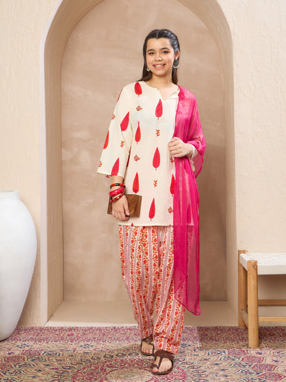 Girls White & Red Floral Short Kurta With Salwar & Dupatta