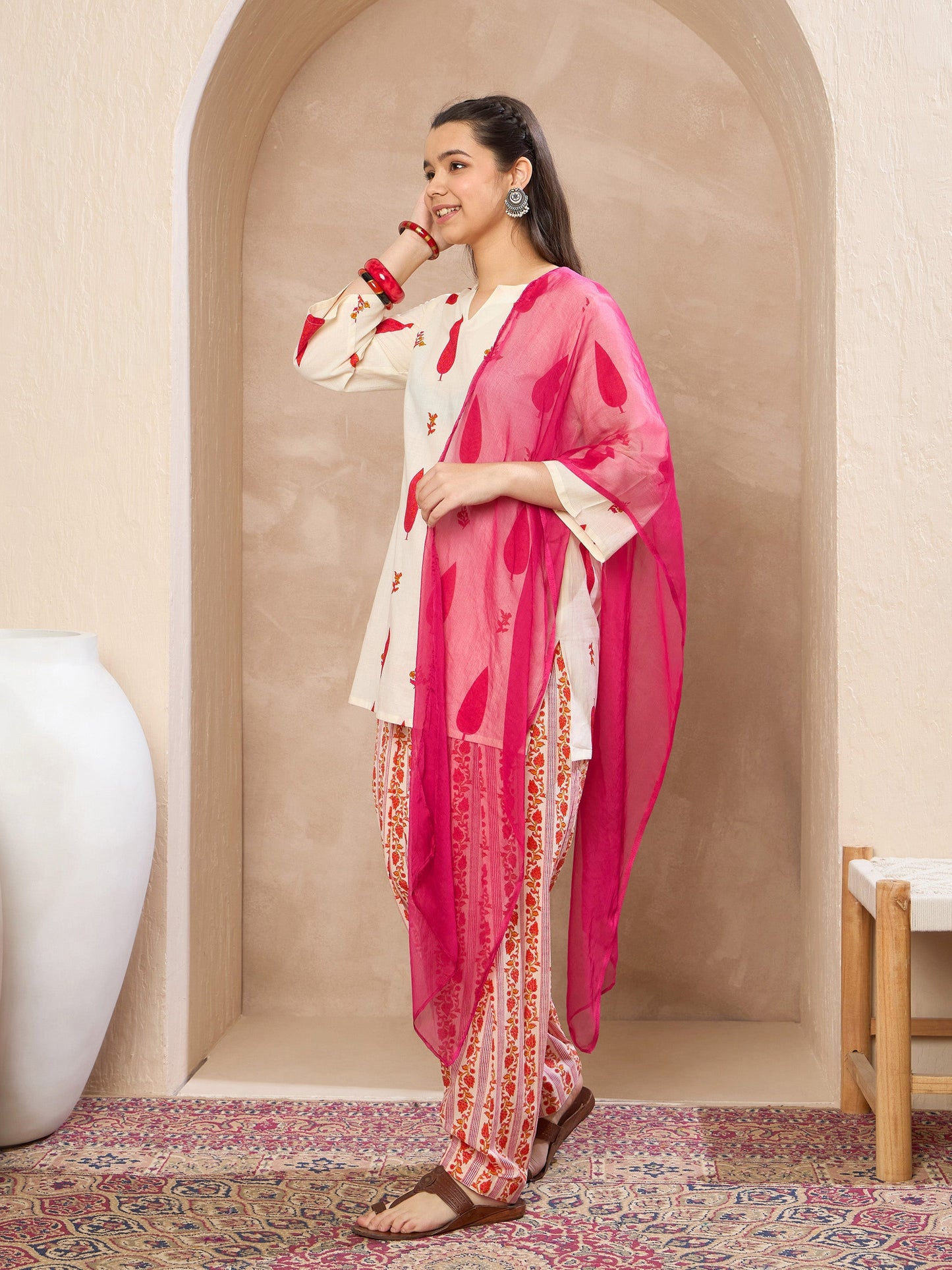 Girls White & Red Floral Short Kurta With Salwar & Dupatta