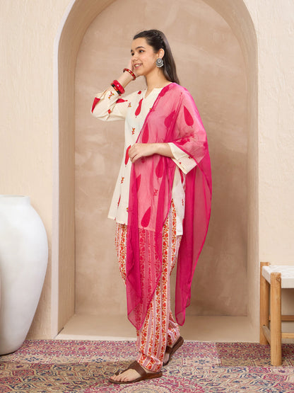 Girls White & Red Floral Short Kurta With Salwar & Dupatta
