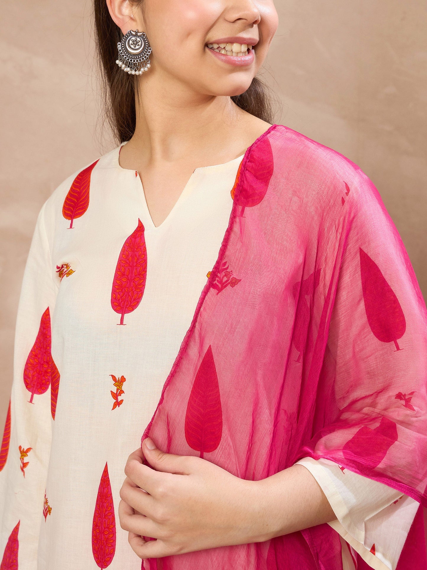 Girls White & Red Floral Short Kurta With Salwar & Dupatta