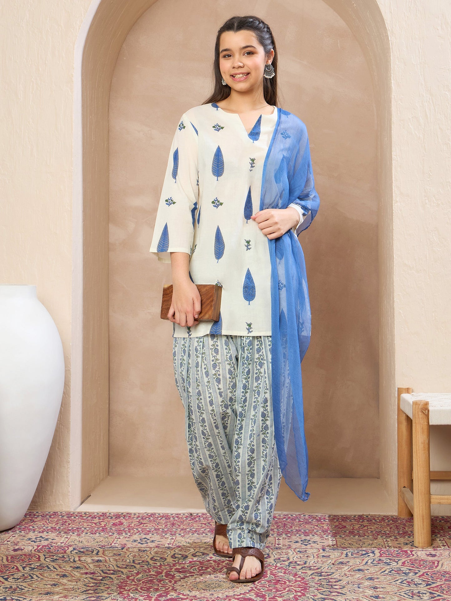 Girls White & Blue Floral Short Kurta With Salwar & Dupatta