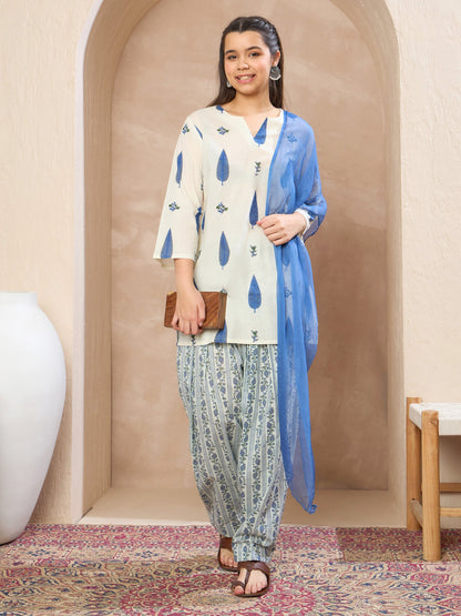 Girls White & Blue Floral Short Kurta With Salwar & Dupatta