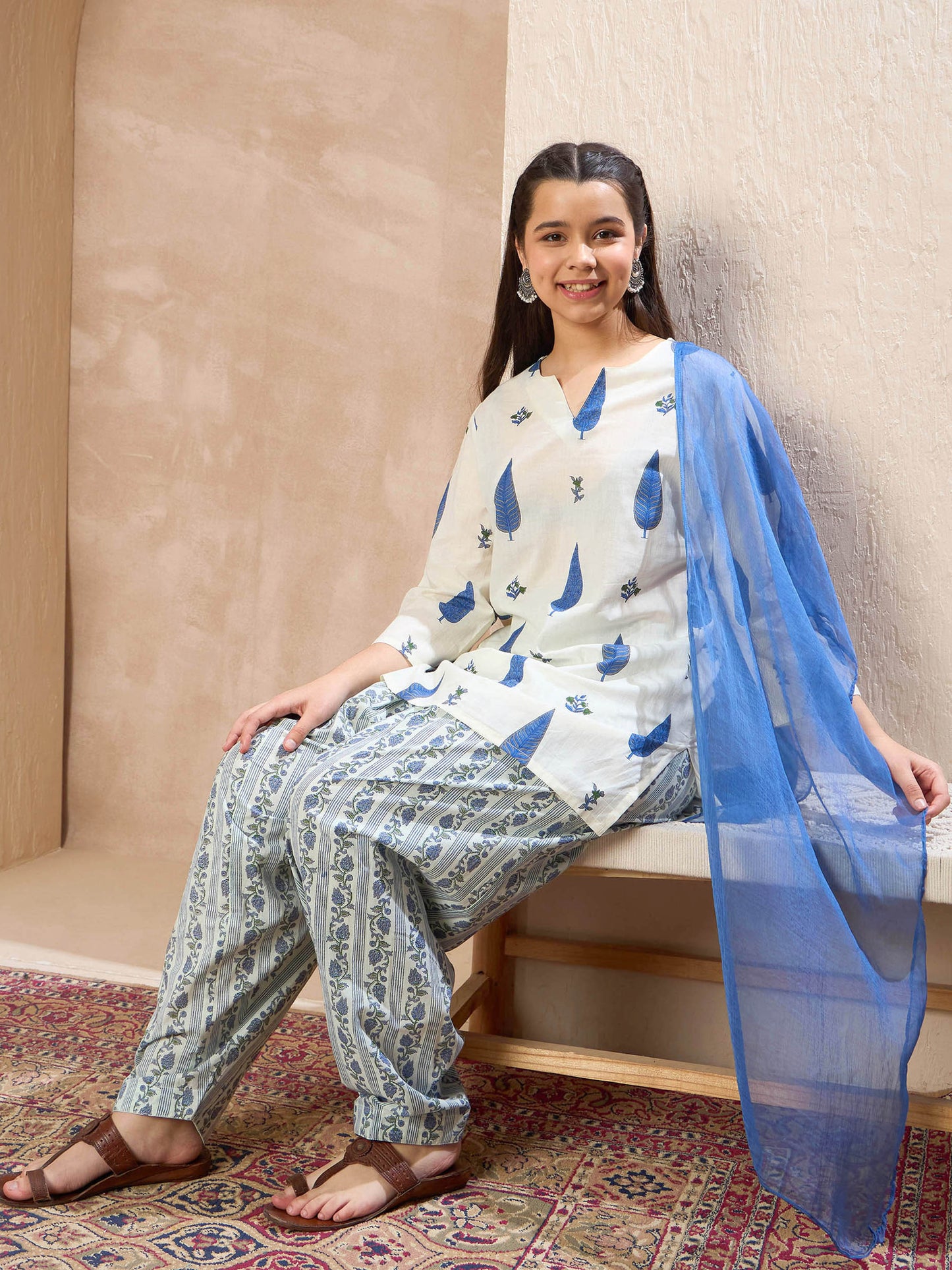 Girls White & Blue Floral Short Kurta With Salwar & Dupatta