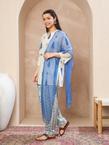 Girls White & Blue Floral Short Kurta With Salwar & Dupatta