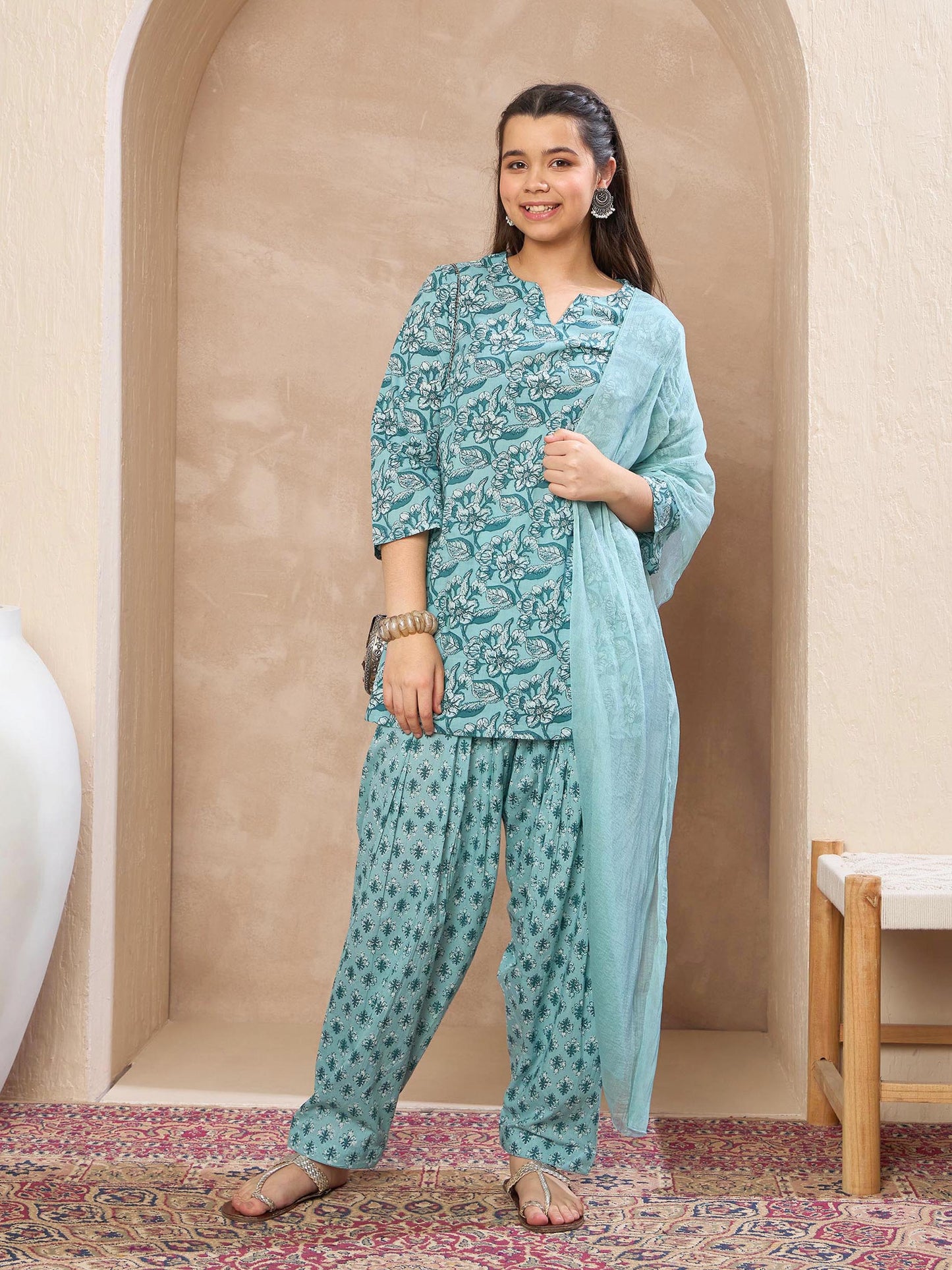 Girls Powder Blue Floral Short Kurta With Salwar & Dupatta