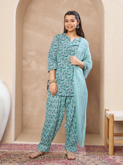 Girls Powder Blue Floral Short Kurta With Salwar & Dupatta