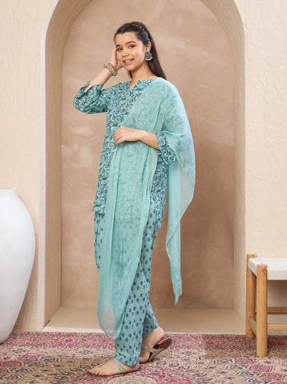 Girls Powder Blue Floral Short Kurta With Salwar & Dupatta