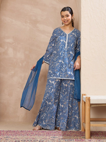 Girls Blue Floral V-Neck Kurta With Palazzos & Dupatta