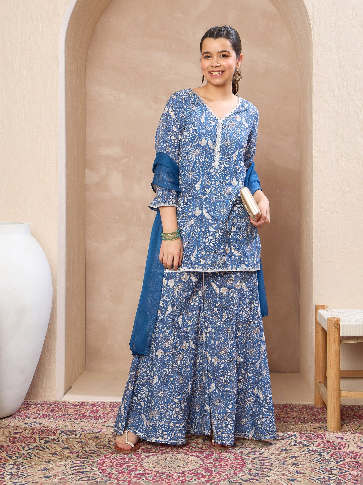 Girls Blue Floral V-Neck Kurta With Palazzos & Dupatta