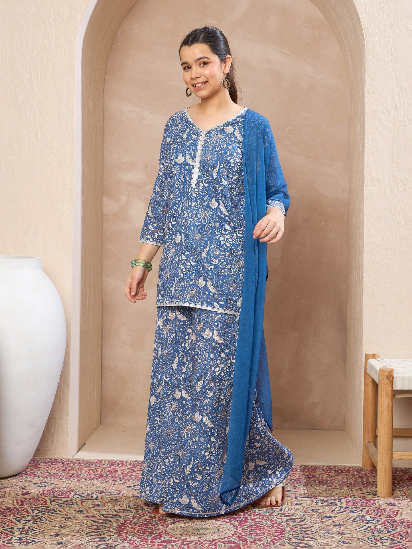 Girls Blue Floral V-Neck Kurta With Palazzos & Dupatta