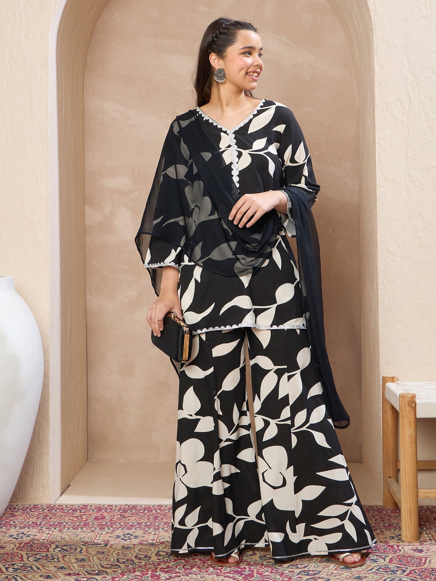 Girls Black Floral V-Neck Kurta With Palazzos & Dupatta