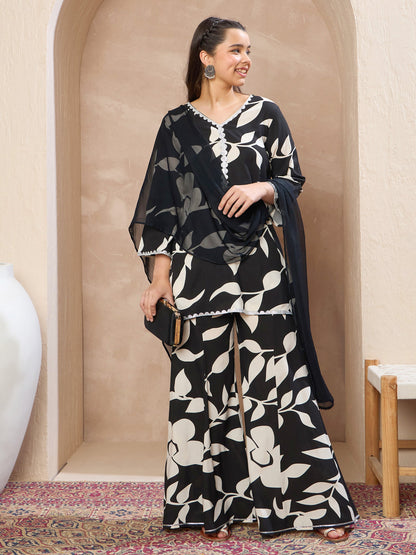 Girls Black Floral V-Neck Kurta With Palazzos & Dupatta