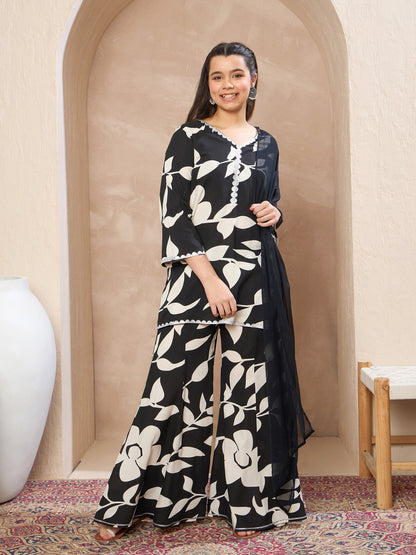 Girls Black Floral V-Neck Kurta With Palazzos & Dupatta