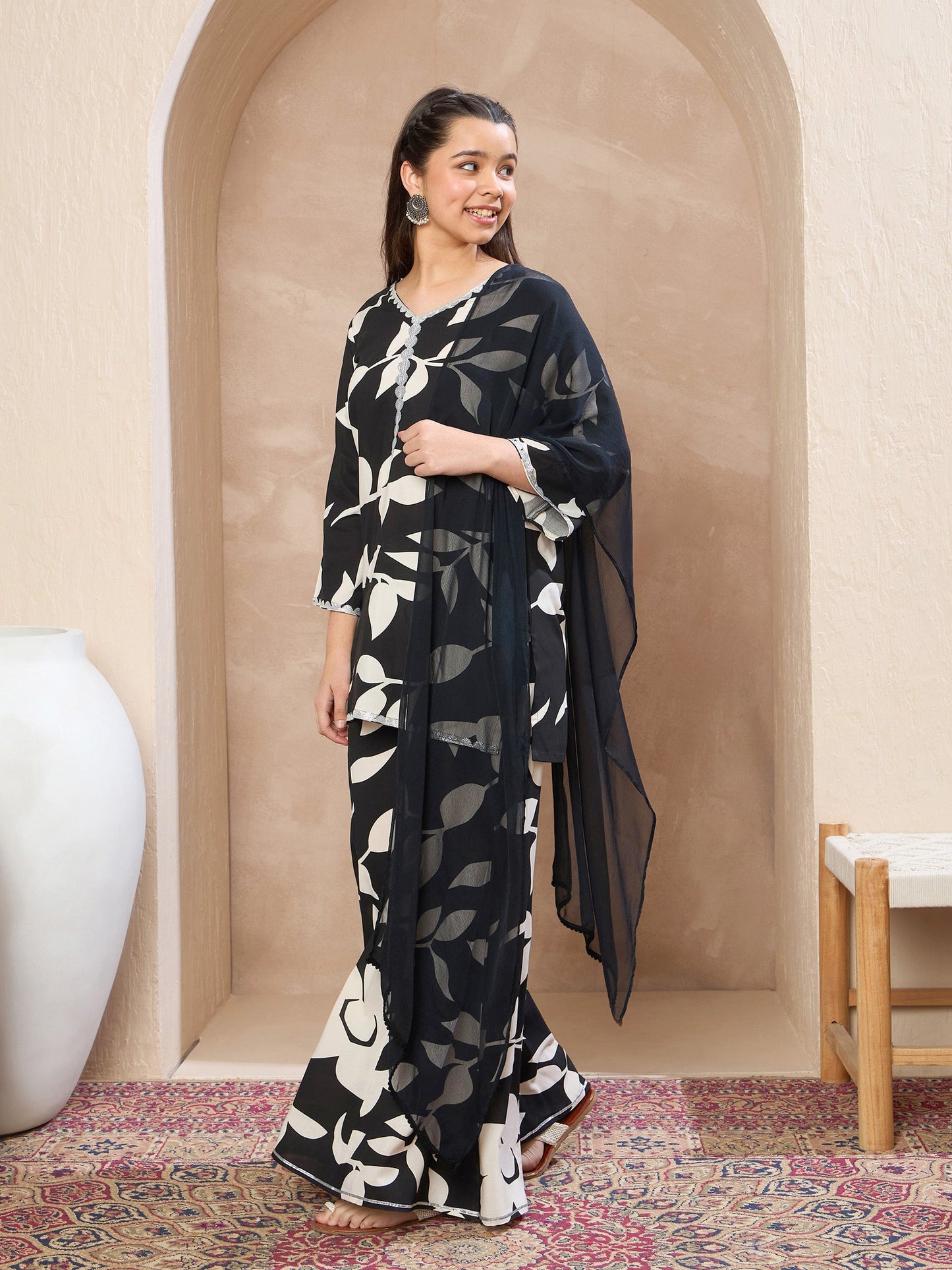 Girls Black Floral V-Neck Kurta With Palazzos & Dupatta