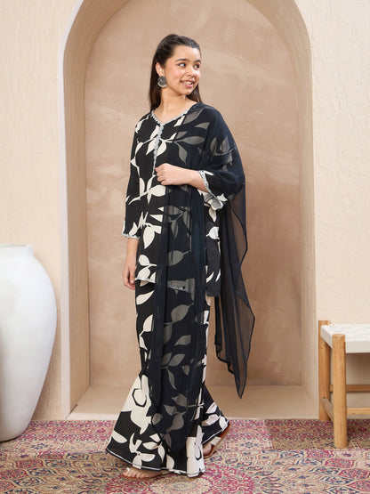 Girls Black Floral V-Neck Kurta With Palazzos & Dupatta