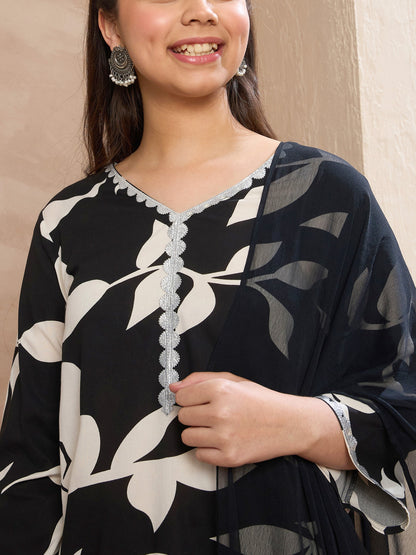 Girls Black Floral V-Neck Kurta With Palazzos & Dupatta